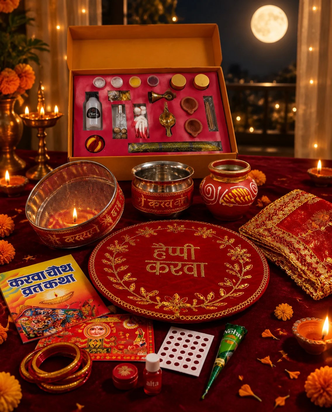 E'forest Karva Chauth Pooja Kit – full kit with samagri box, thali set, karwa and shringar