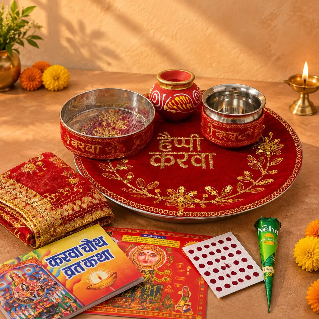 Karva Chauth festive insert – decorated thali, chhalni, lota, mitti karwa, katha, poster, bindi, mehndi