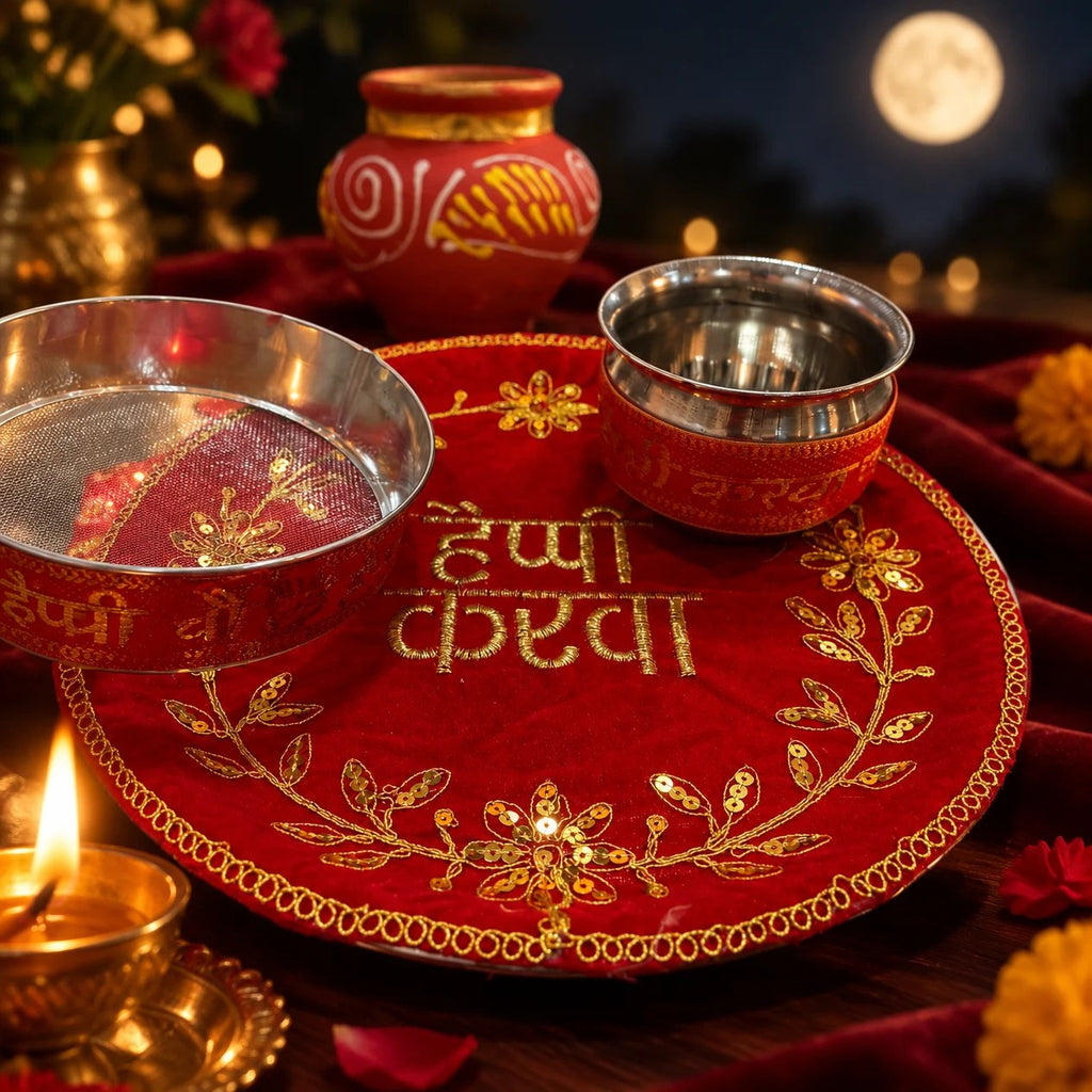 Decorated Happy Karwa thali with chhalni, lota and mitti karwa