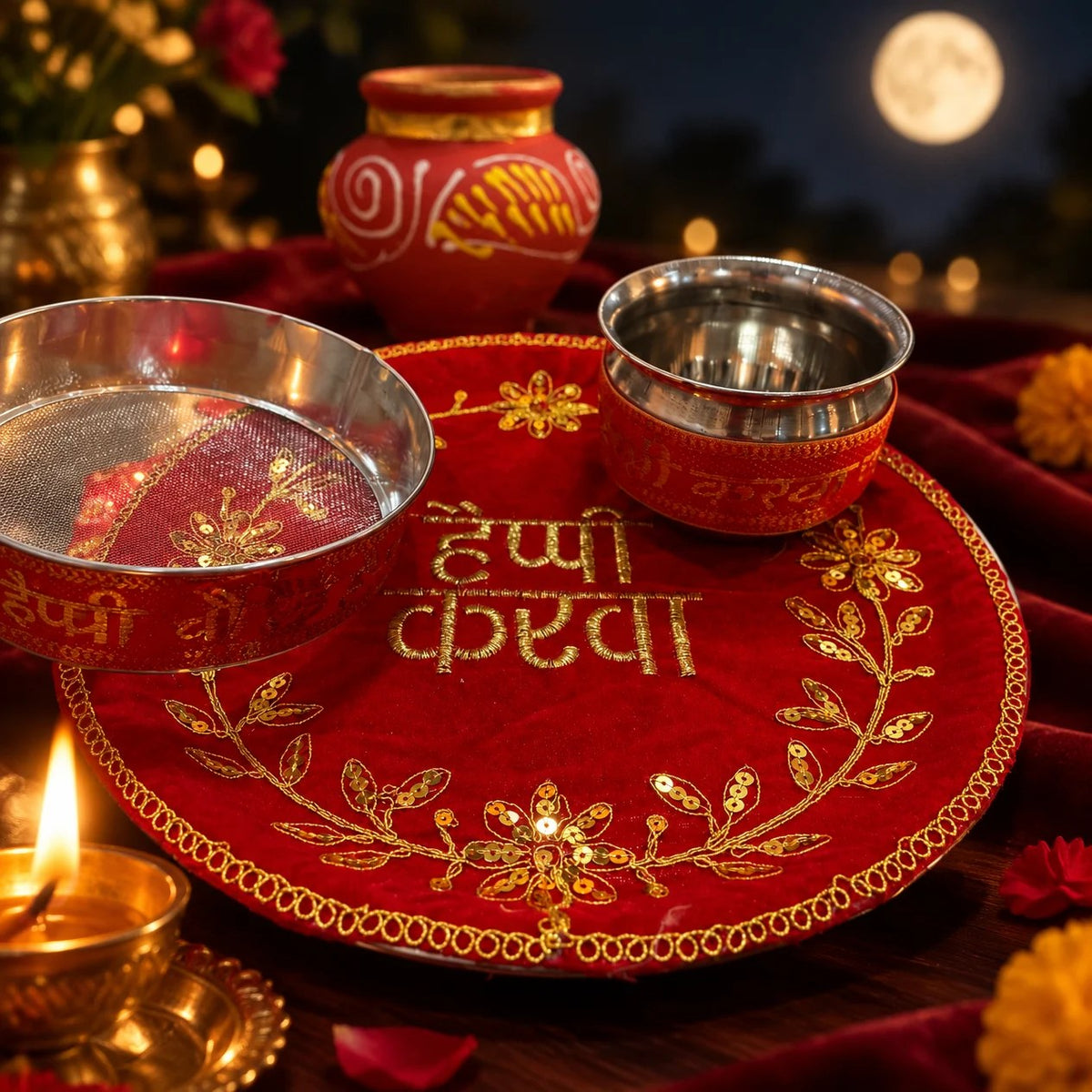 Decorated Happy Karwa thali with chhalni, lota and mitti karwa